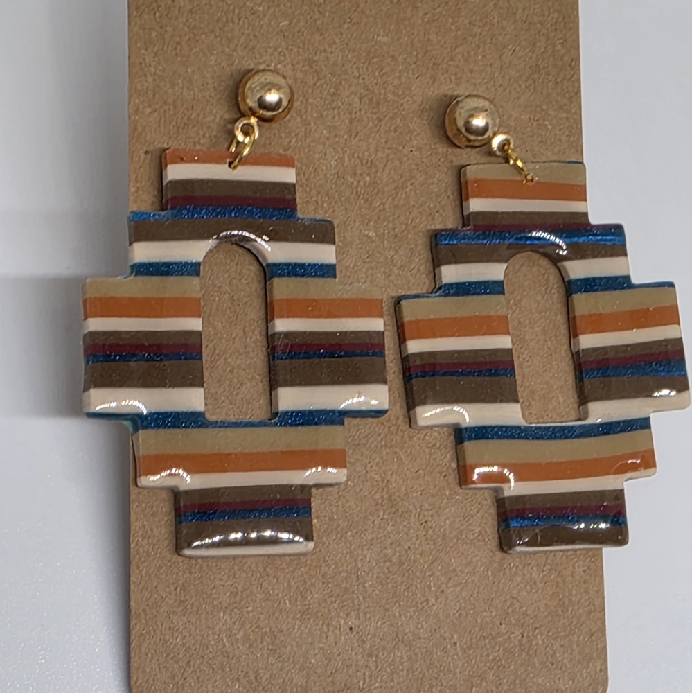 Handmade Clay Striped Geometric Earrings - Picture 1 of 3